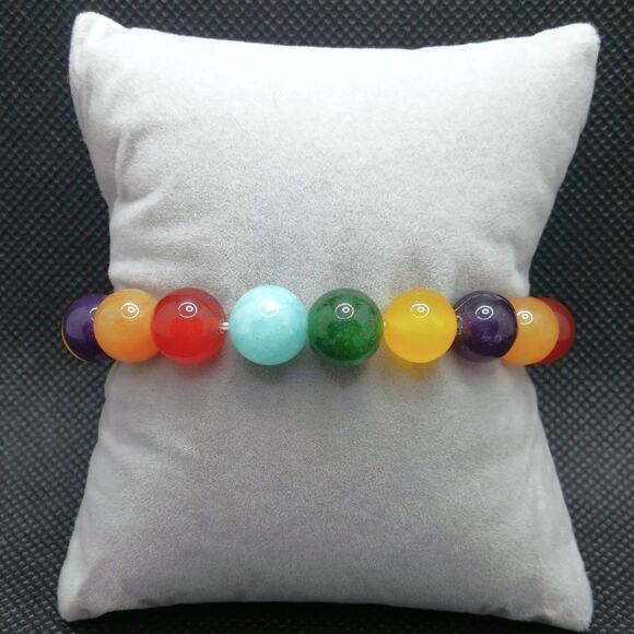 Multicolor Gemstone Bracelet Handmade 10mm Beaded Colorful Rainbow Stretch NEW - Picture 2 of 13